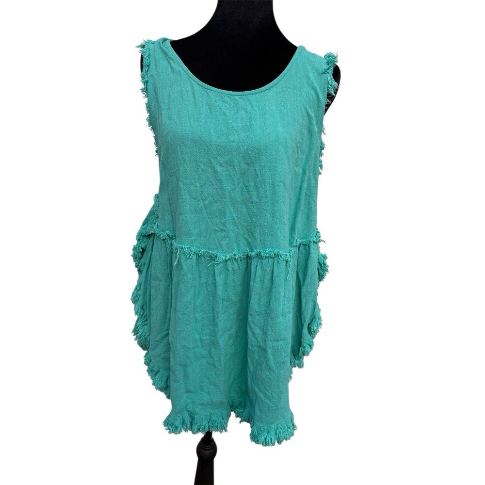 Umgee Linen Cotton Blend Sz L Boho Tank Top Blue Aqua Raw Fringe Trim Beach